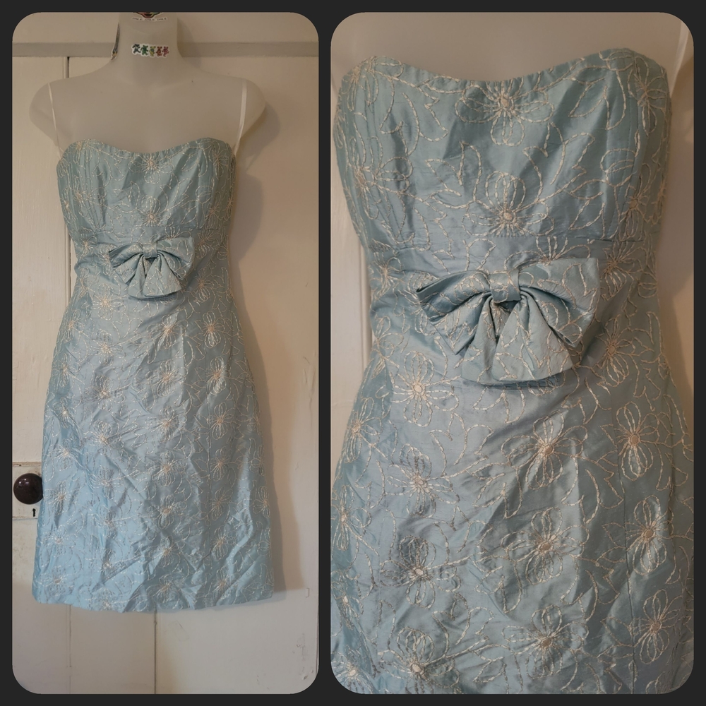 Nanette Lepore Vtg 90s 0r Y2k Strapless Embroidered Dress W/a Bow